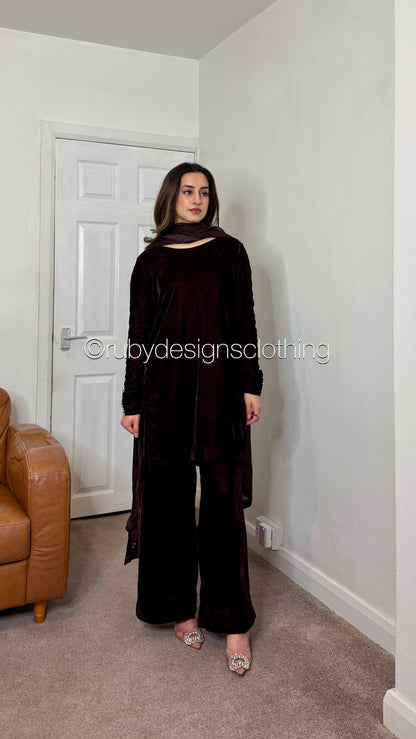 ADILA - 3 Piece Deep Brown Luxury Velvet Suit with Pearls