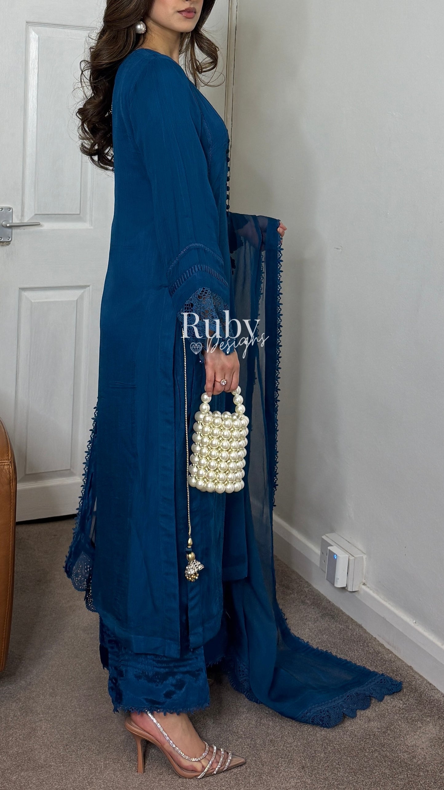 MINHA Teal - 3 Piece Chiffon Suit with Cutwork