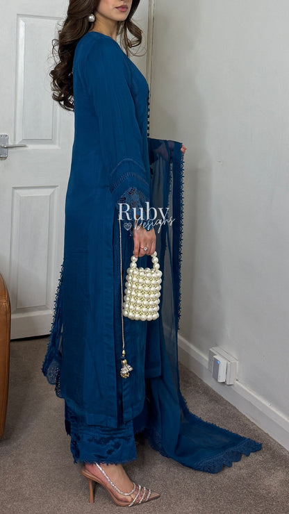 MINHA Teal - 3 Piece Chiffon Suit with Cutwork