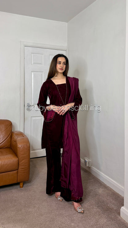 ANUM - 3 Piece Maroon Luxury Velvet Suit with Pearls