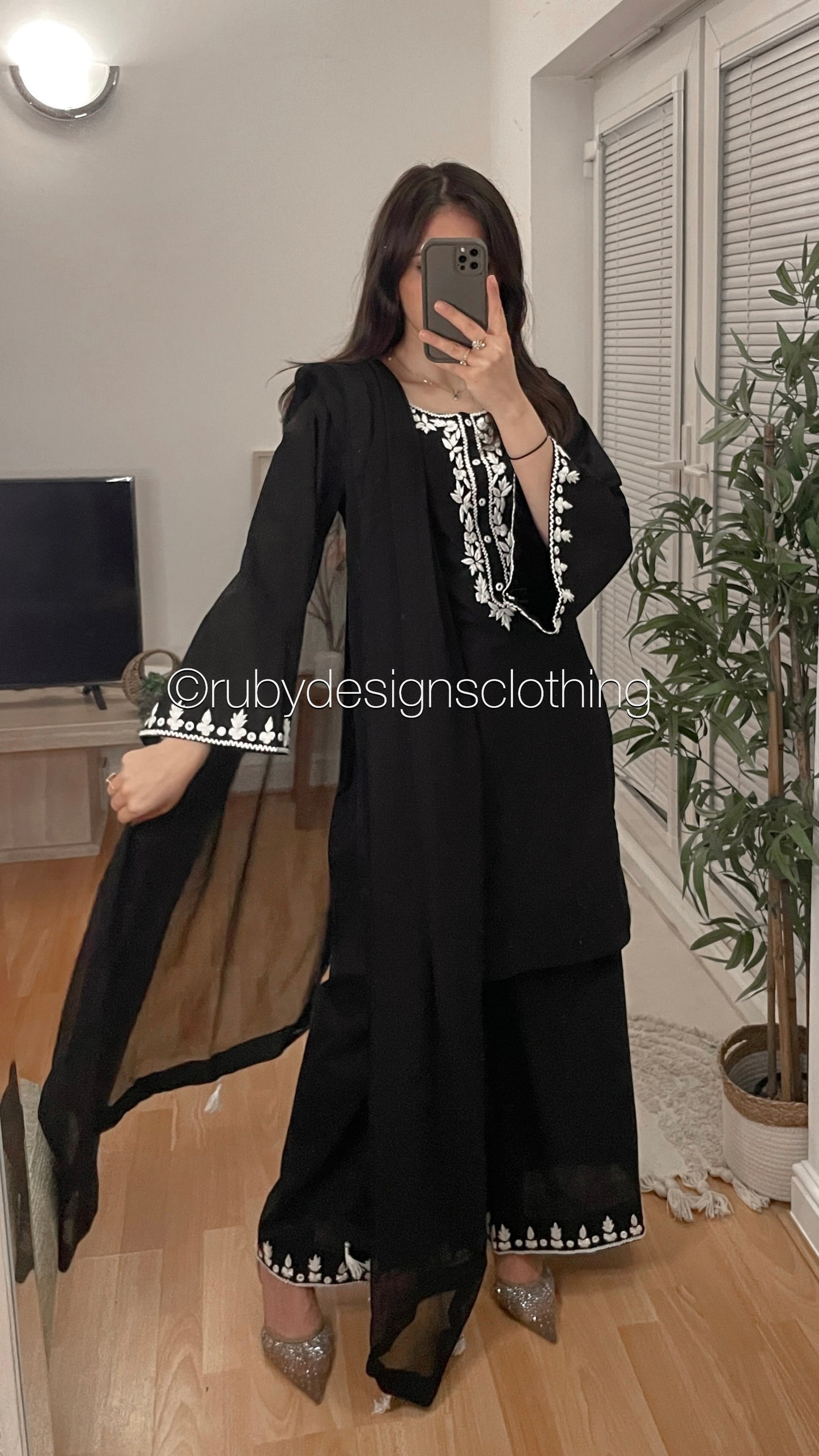 YARA - 3 Piece Black Cotton Suit with Chiffon Dupatta