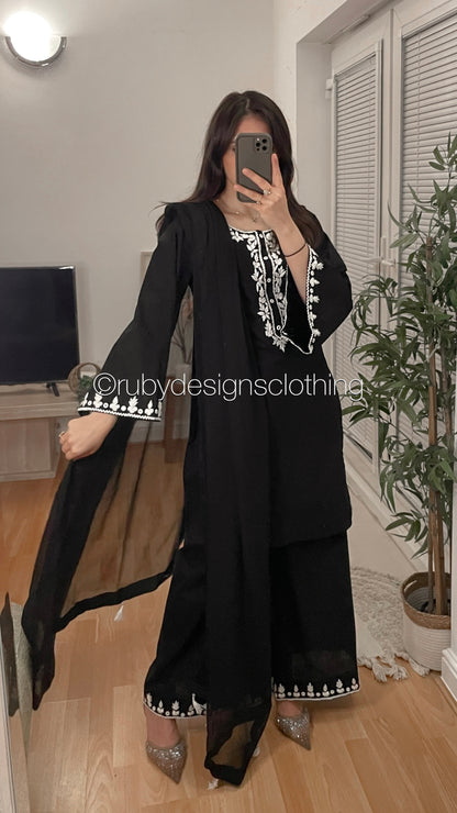 YARA - 3 Piece Black Cotton Suit with Chiffon Dupatta
