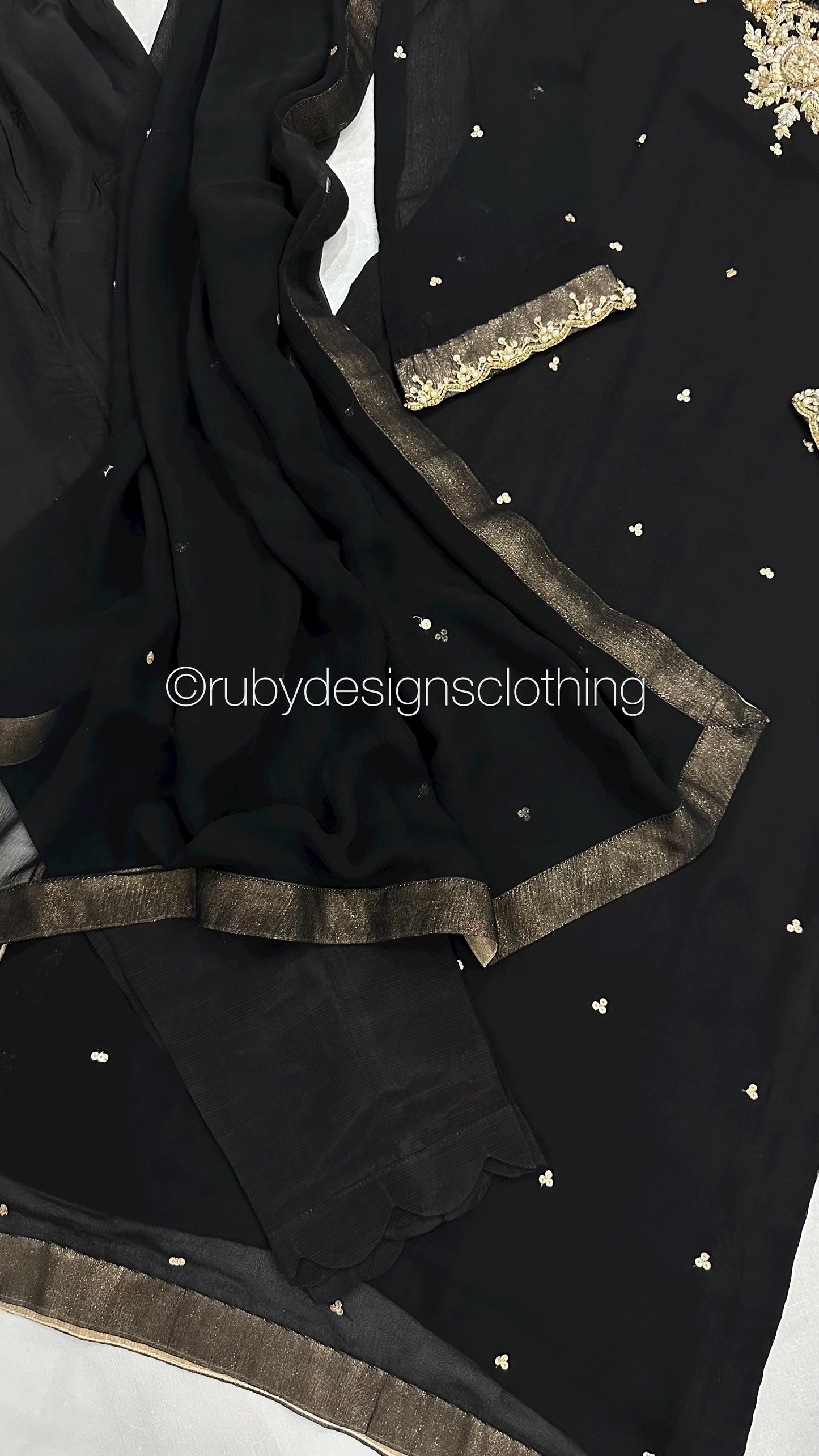 ALVIA Black - 3 Piece Black Chiffon Suit with Gold Handwork