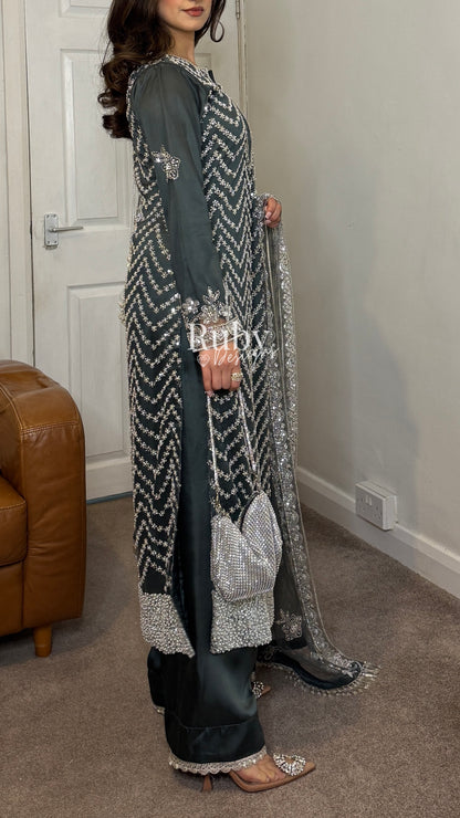 IZMA Smoke - 3 Piece Net Suit with Wide Leg Trousers