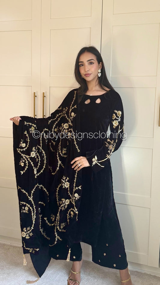 RAISA Black - 3 Piece Luxury Velvet Suit with Heavy Embellished Shawl