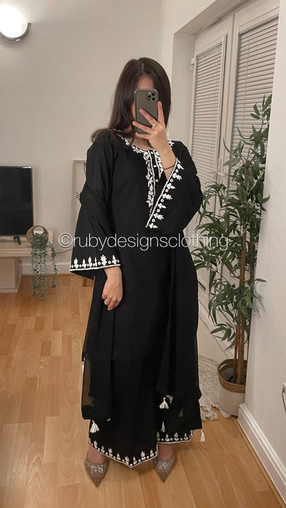 YARA - 3 Piece Black Cotton Suit with Chiffon Dupatta