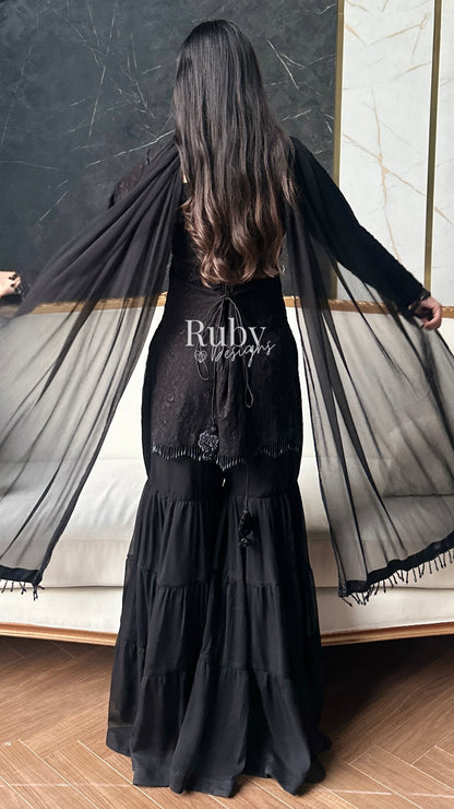 FARYAL Noir - 3 Piece Chiffon Suit with Tiered Sharara