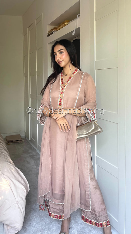 TAMARA- 3 Piece Dusty Rose Chiffon Suit with Wide Leg Trouser (8734483153109)