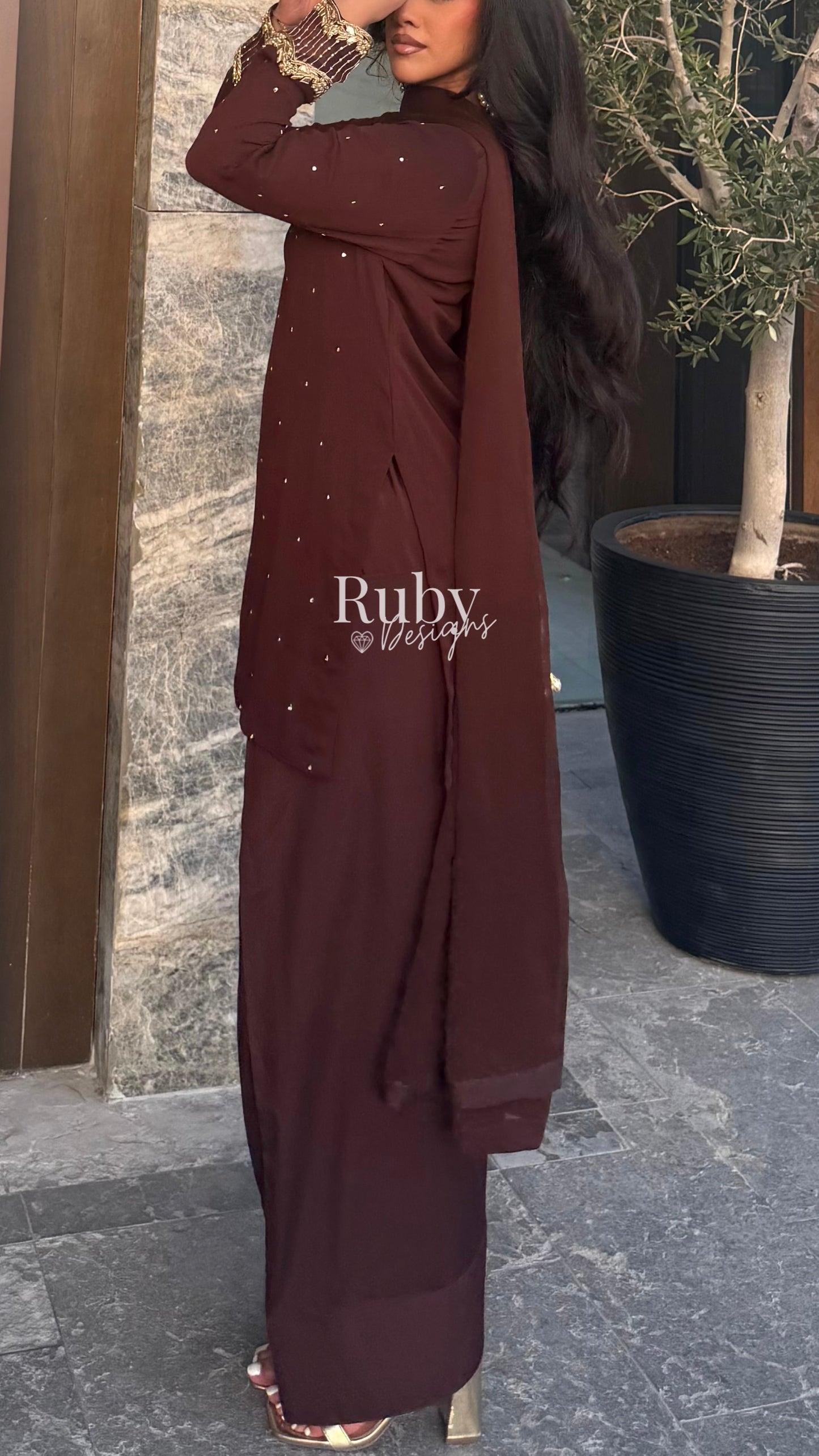 PRE-ORDER RAHA Mocha - Luxury 3 Piece Chiffon Suit with Farshi Shalwar