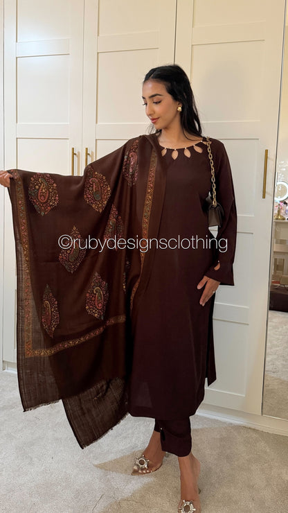 MIRA Brown - 3 Piece Linen Suit with Embroidered Shawl