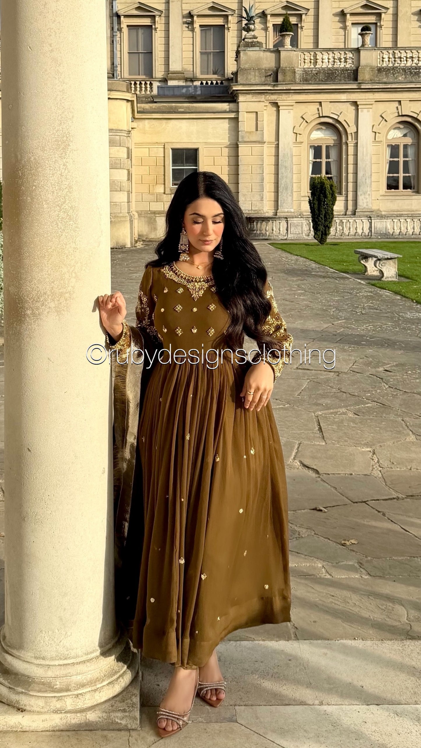 NAYRA Style 1 (Dress) - 3 Piece Khaki Chiffon Dress with Kiran Lace Dupatta and Churidaar Trousers