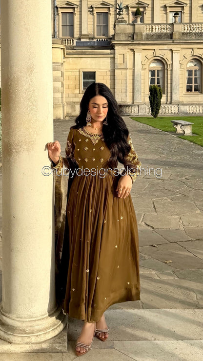 NAYRA Style 1 (Dress) - 3 Piece Khaki Chiffon Dress with Kiran Lace Dupatta and Churidaar Trousers