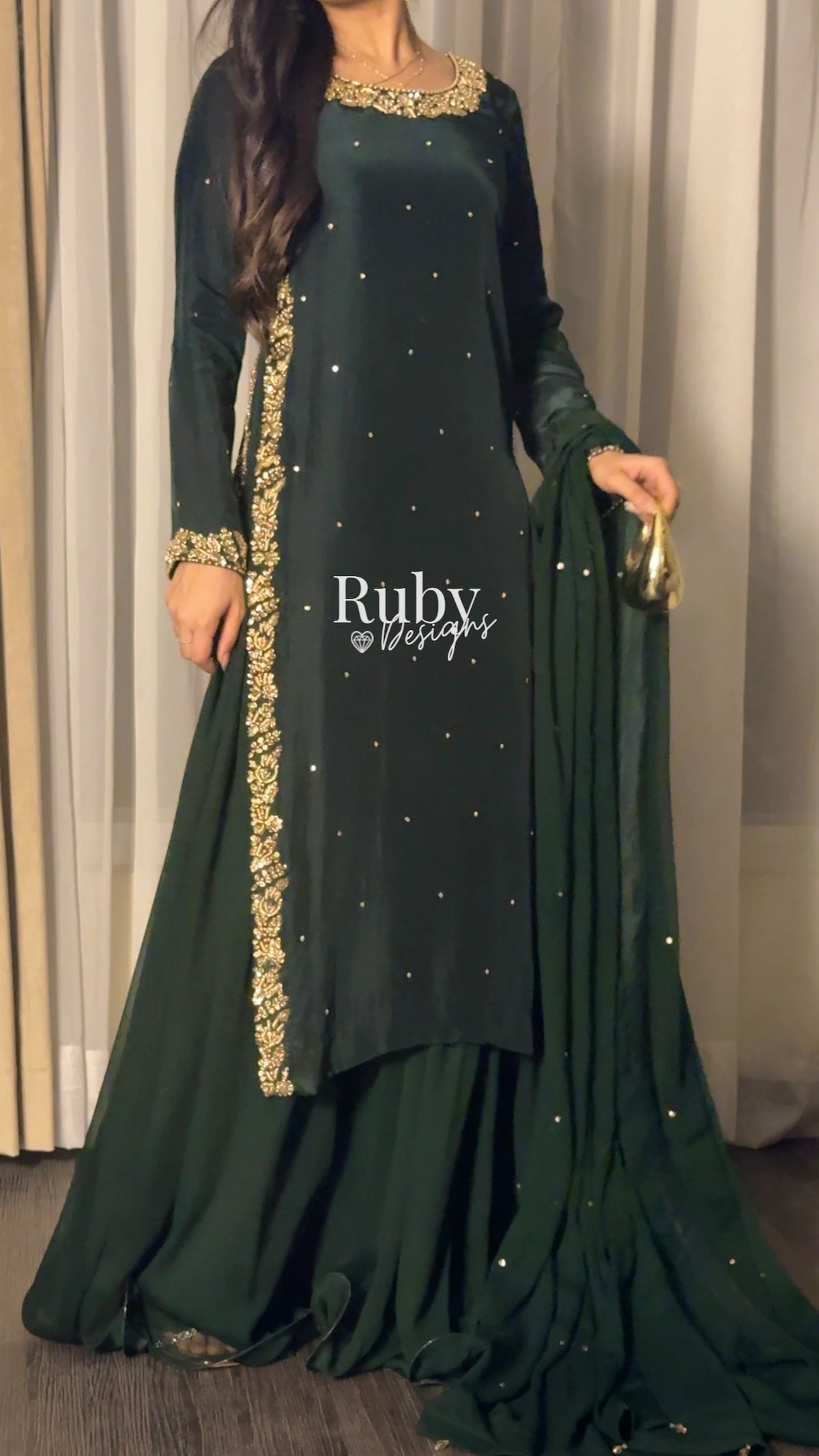 ZAINA Emerald - 3 Piece Silk Suit with Gold Handwork