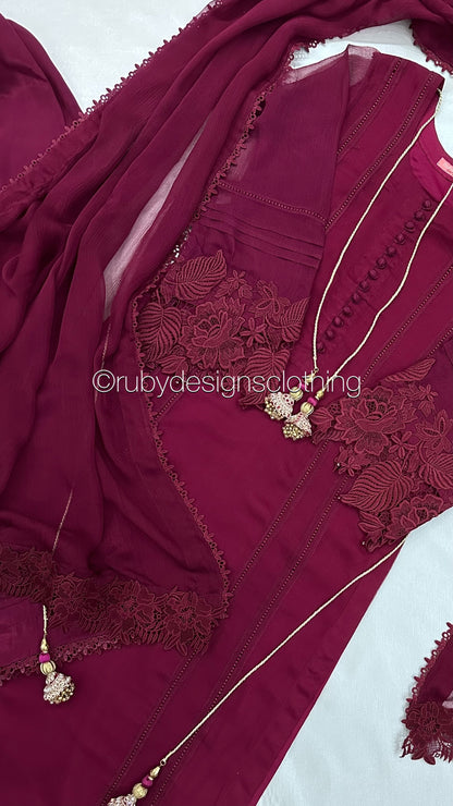 MINHA Berry - 3 Piece Chiffon Suit with Cutwork