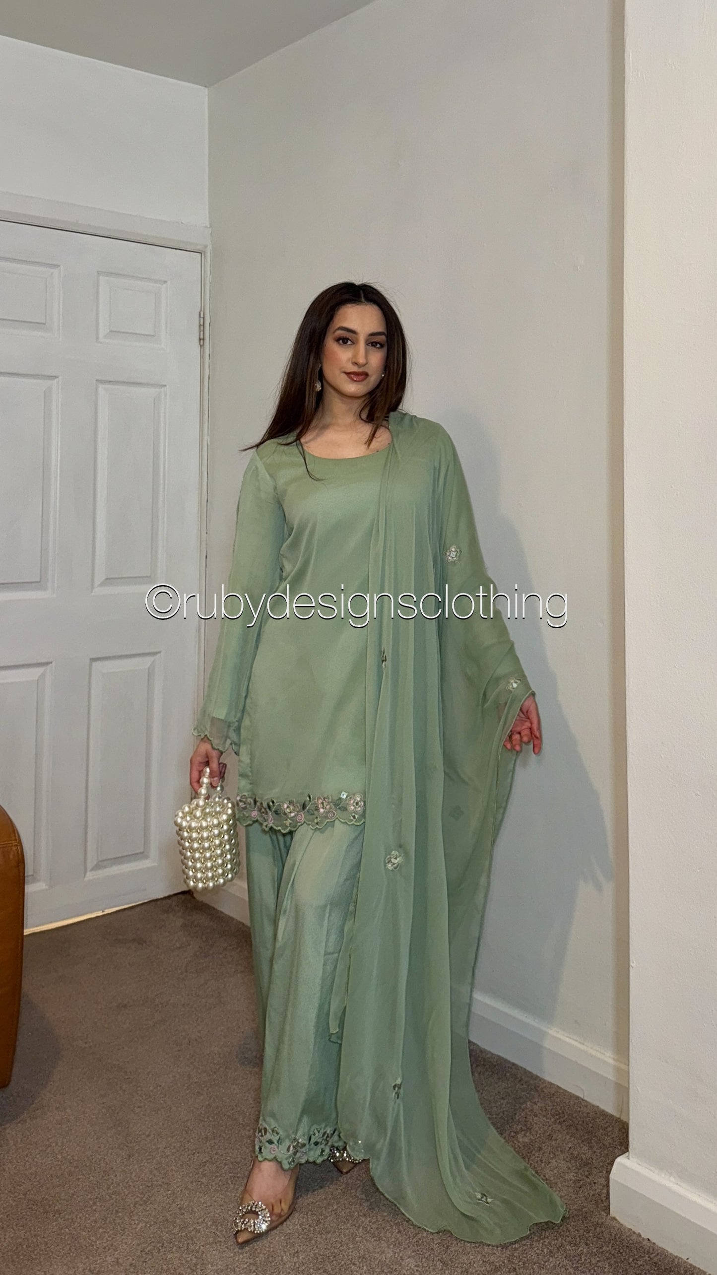 SAMAN Sage - 3 Piece Chiffon Suit with Embroidered Detailing