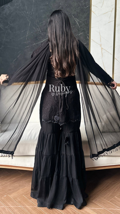 FARYAL Noir - 3 Piece Chiffon Suit with Tiered Sharara