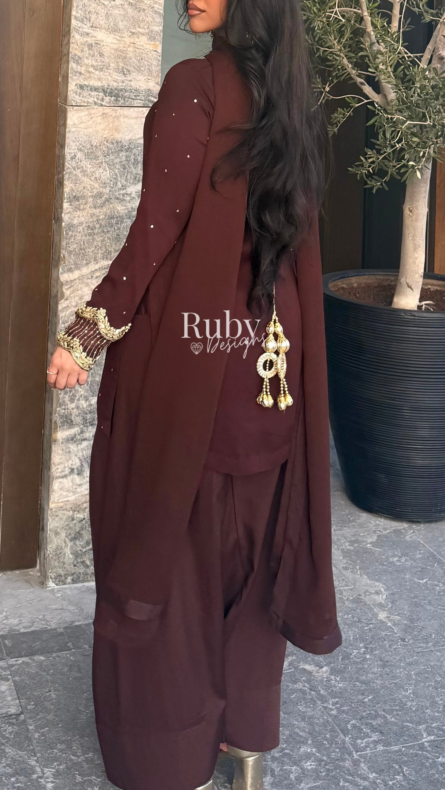 PRE-ORDER RAHA Mocha - Luxury 3 Piece Chiffon Suit with Farshi Shalwar
