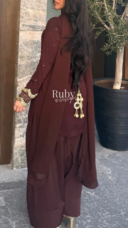PRE-ORDER RAHA Mocha - Luxury 3 Piece Chiffon Suit with Farshi Shalwar