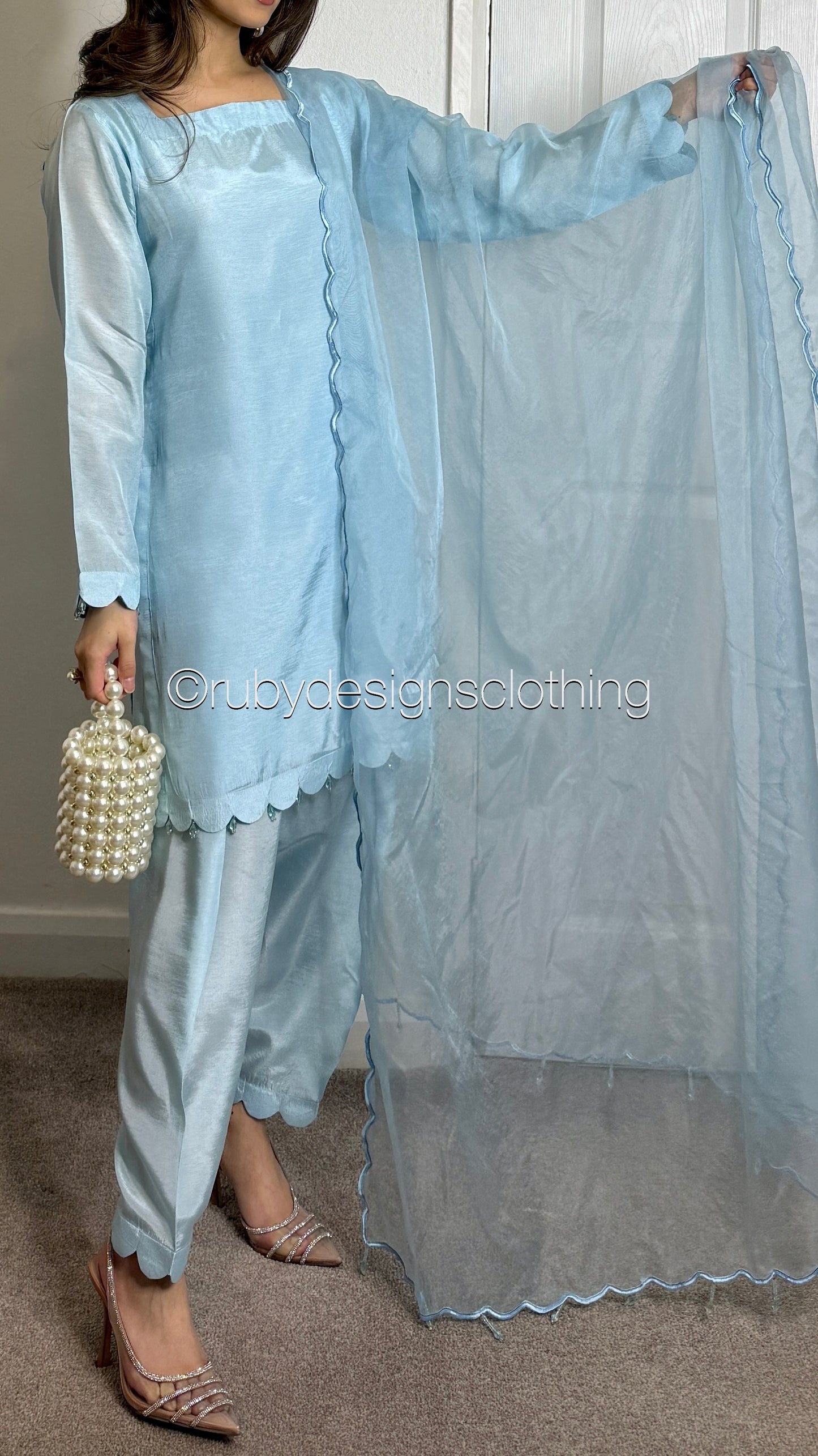 HAYAT Sky - 3 Piece Silk Suit with Skinny Shalwar