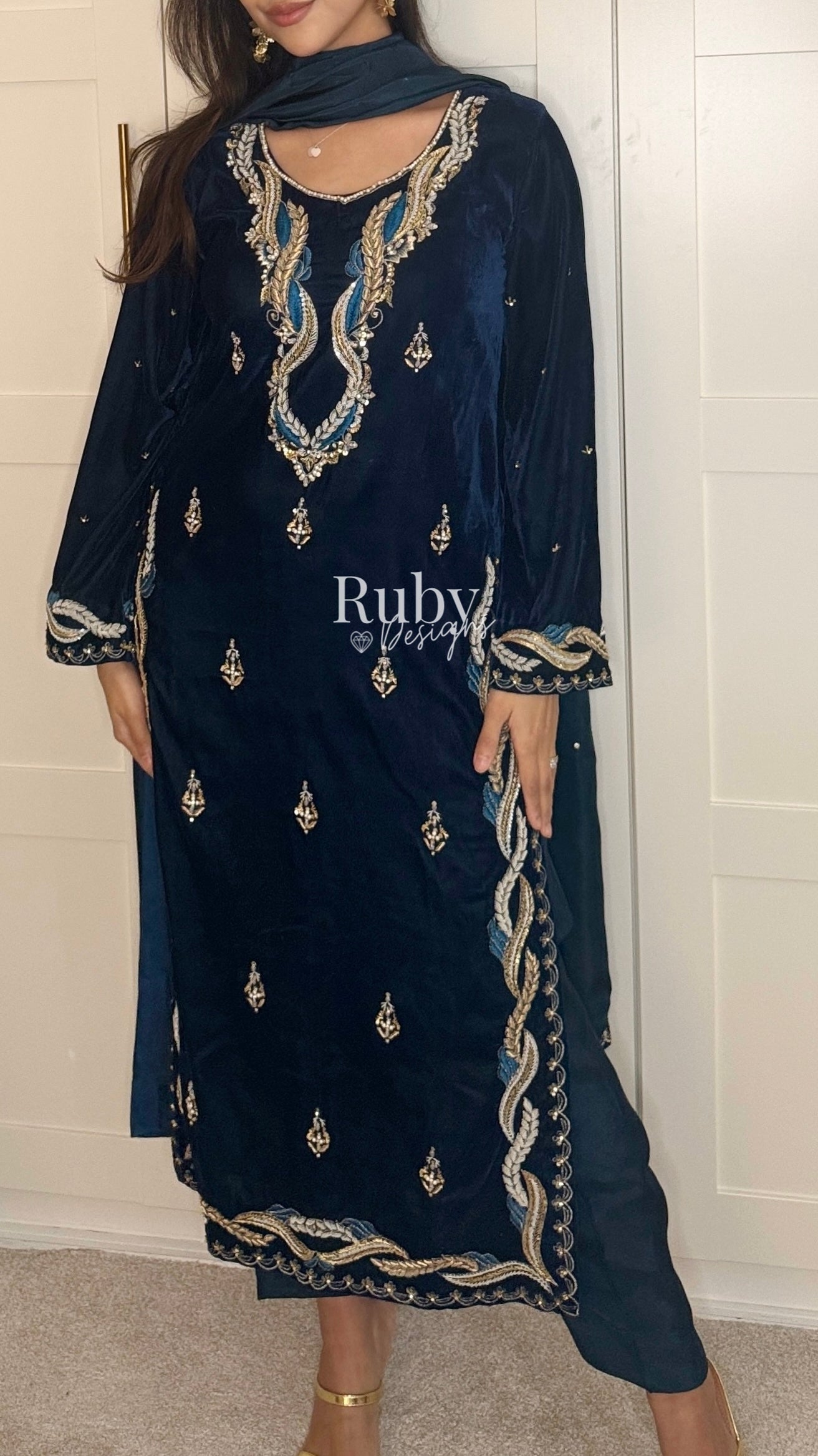 LINA - 3 Piece Teal Luxury Velvet Suit with Gold Handwork