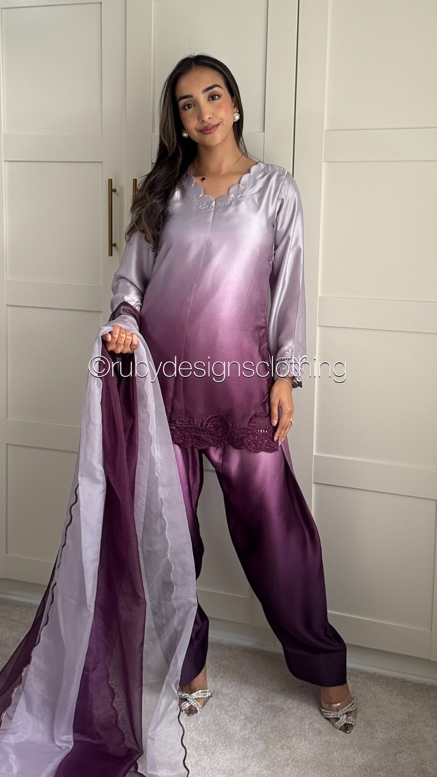 Plum Dusk - 3 Piece Silk Suit with Farshi Shalwar