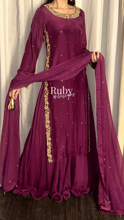 ZAINA Mulberry - 3 Piece Silk Suit with Gold Handwork