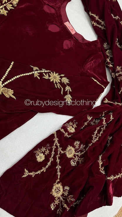 RAISA Cherry - 3 Piece Luxury Velvet Suit with Heavy Embellished Shawl