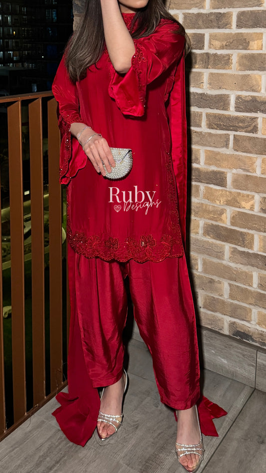 LARA Ruby - 3 Piece Luxury Silk Suit with Cutdana Handwork