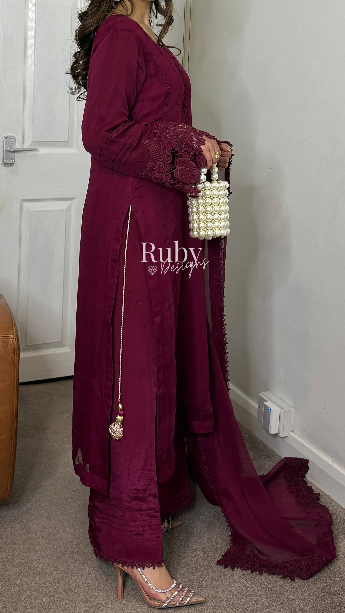 MINHA Berry - 3 Piece Chiffon Suit with Cutwork