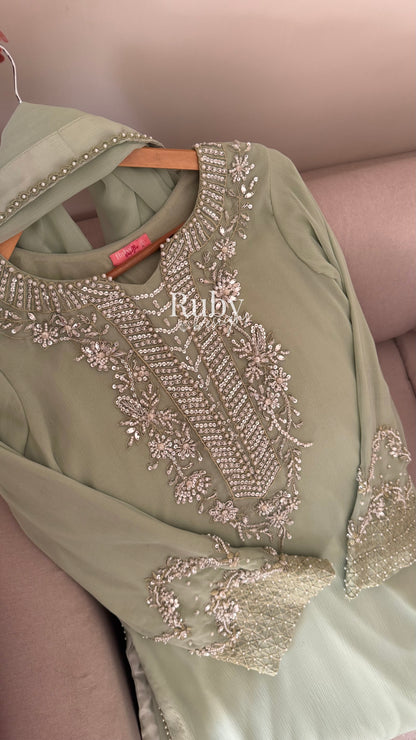 AREEN Mint - 3 Piece Chiffon Suit with Pearl and Stone Handwork