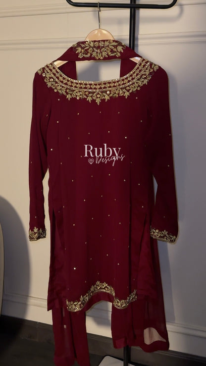 HUMNA Ruby - 3 Piece Chiffon Suit with Farshi Shalwar