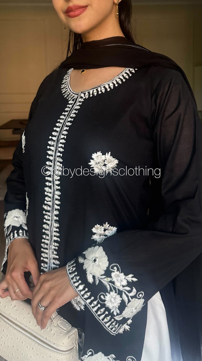 RAYA Noir  - 3 Piece Swiss Lawn Suit with Flowy Wide-Leg Pants