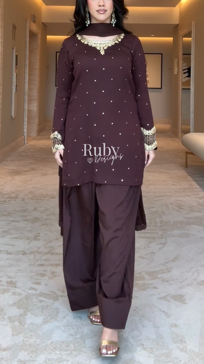 PRE-ORDER RAHA Mocha - Luxury 3 Piece Chiffon Suit with Farshi Shalwar