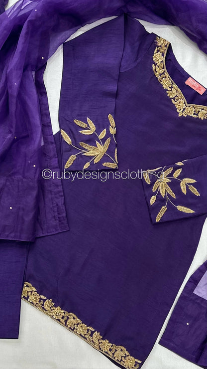 SHAFAQ Midnight - 3 Piece Raw Silk Suit with Farshi Shalwar