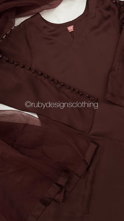 ZIMAL Mocha - 3 Piece Silk Suit with Farshi Shalwar