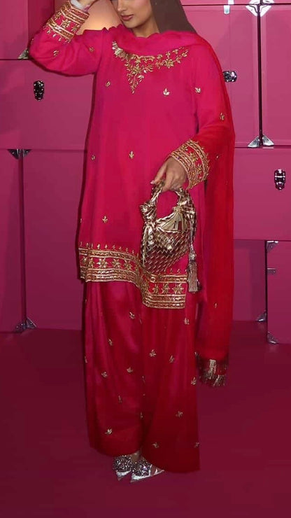 SAJAL Rose - 3 Piece Chiffon Suit with Farshi Shalwar and Gota Handwork