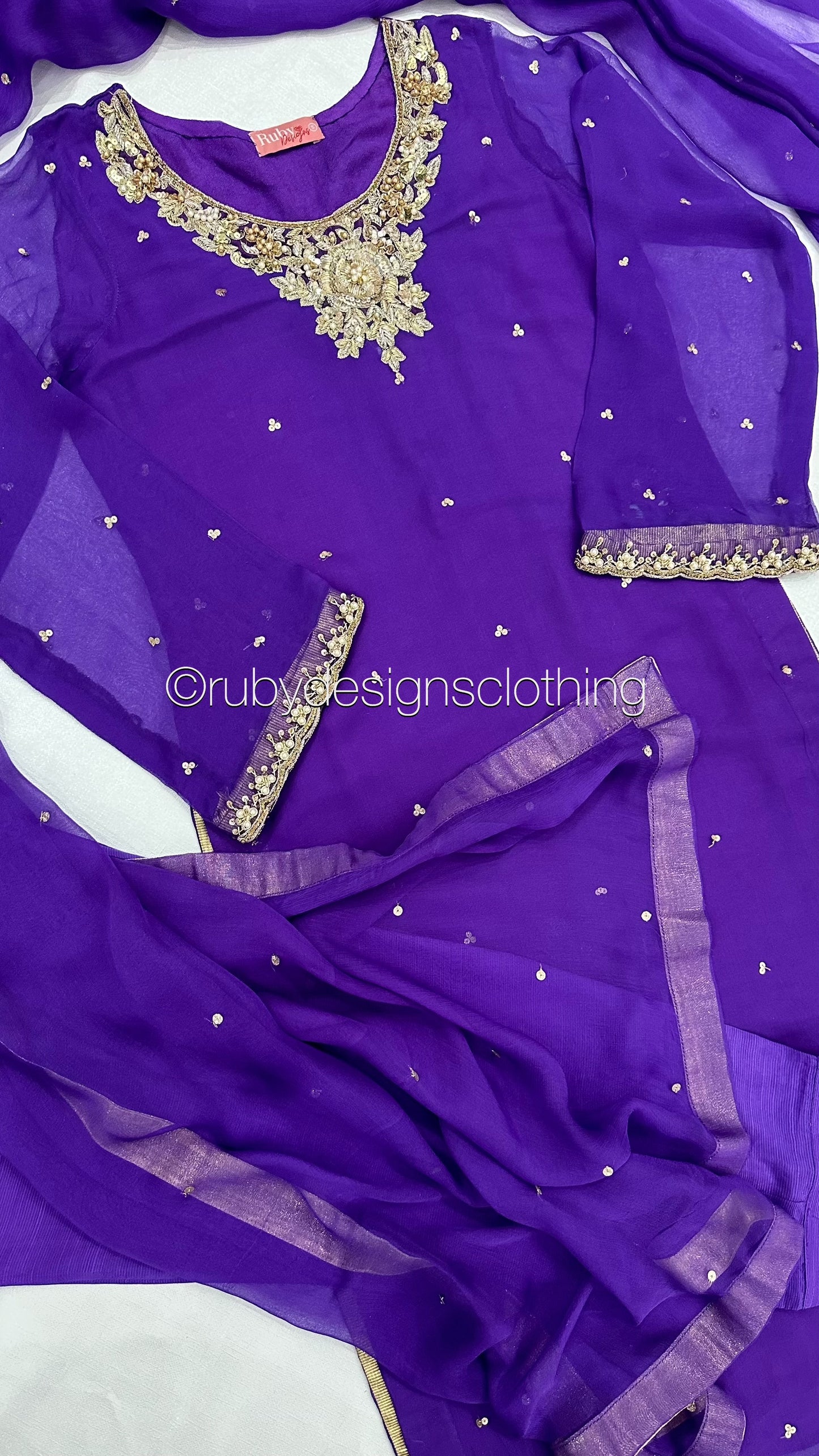 ALVIA Purple - 3 Piece Purple Chiffon Suit with Gold Handwork