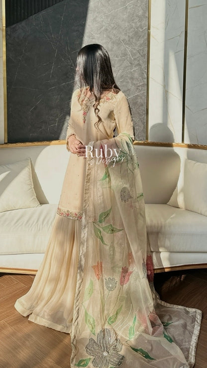 ZAIRA Dune - 3 Piece Chiffon Sharara Suit with Hand Painted Dupatta