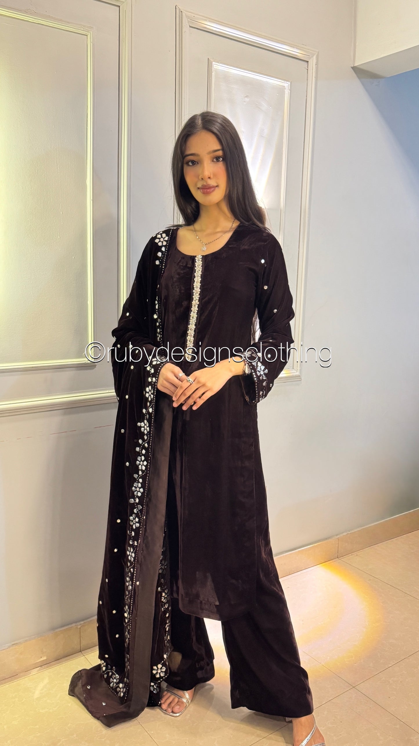 AZIZA - 3 Piece Luxury Velvet Suit with Mukaish Work