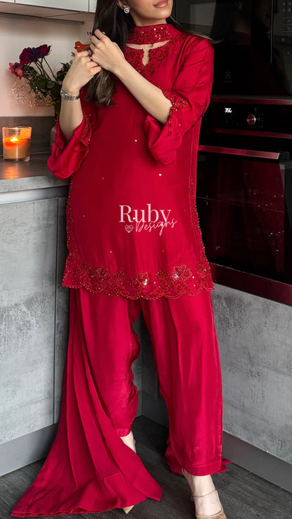 LARA Ruby - 3 Piece Luxury Silk Suit with Cutdana Handwork