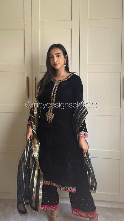 NAYAB - 3 Piece Luxury Velvet Suit with Gold Handwork