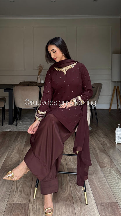 RAHA Mocha - Luxury 3 Piece Chiffon Suit with Farshi Shalwar