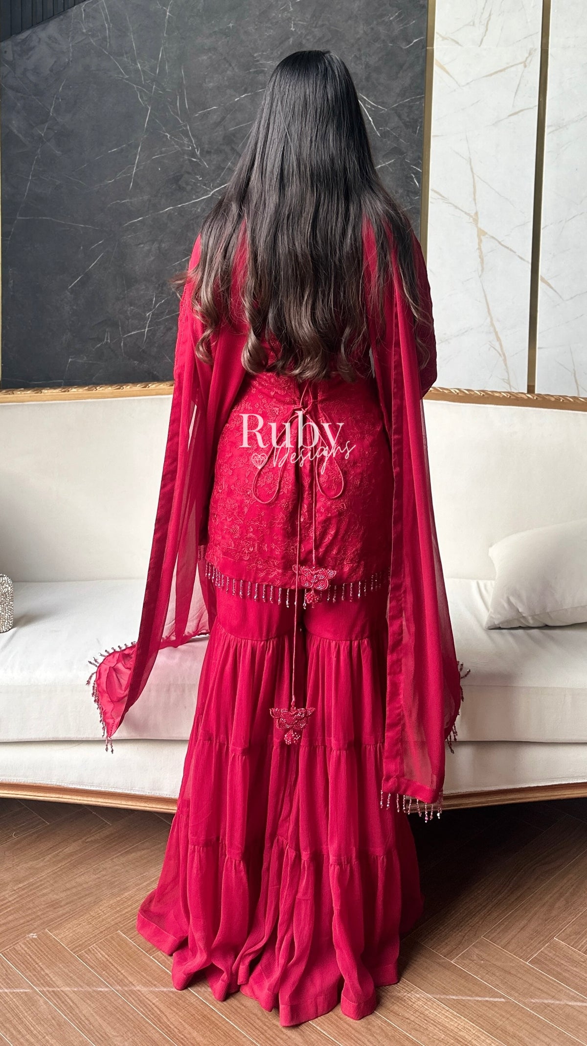 FARYAL Rouge - 3 Piece Chiffon Suit with Tiered Sharara