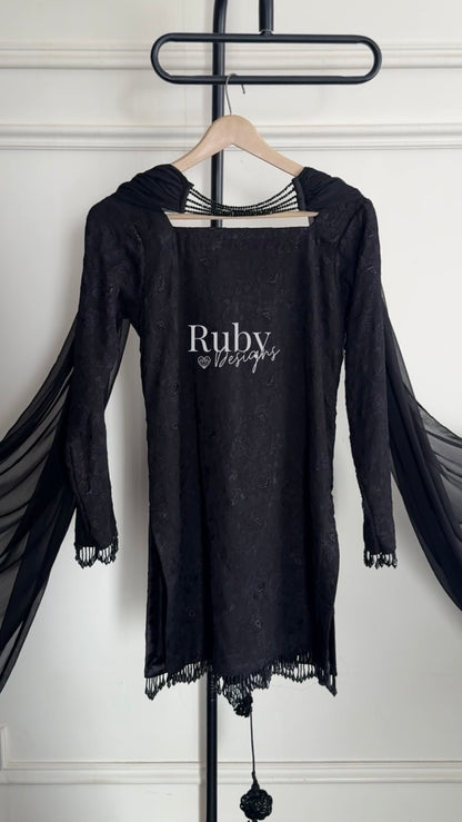 FARYAL Noir - 3 Piece Chiffon Suit with Tiered Sharara