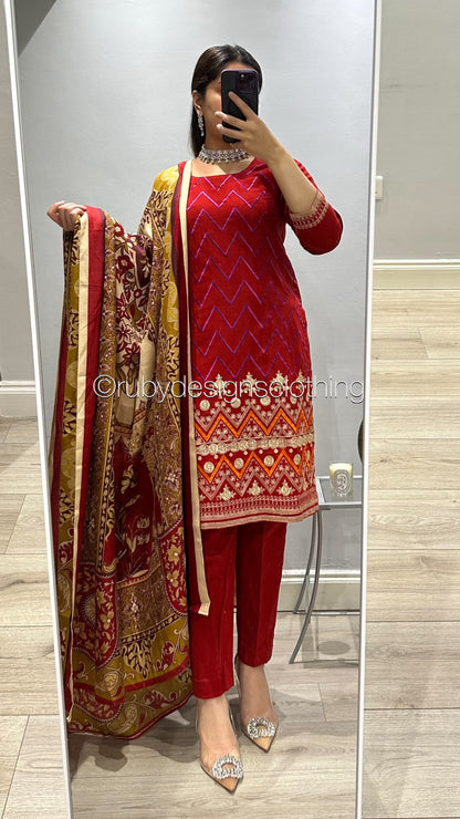 3 Piece Red Khaddar Suit with Shawl (8746816143573)