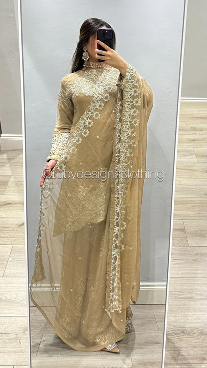 EXCLUSIVE SAMPLE - 3 Piece Chiffon Heavy Embroidered Suit with Embroidered Sharara (8746859495637)