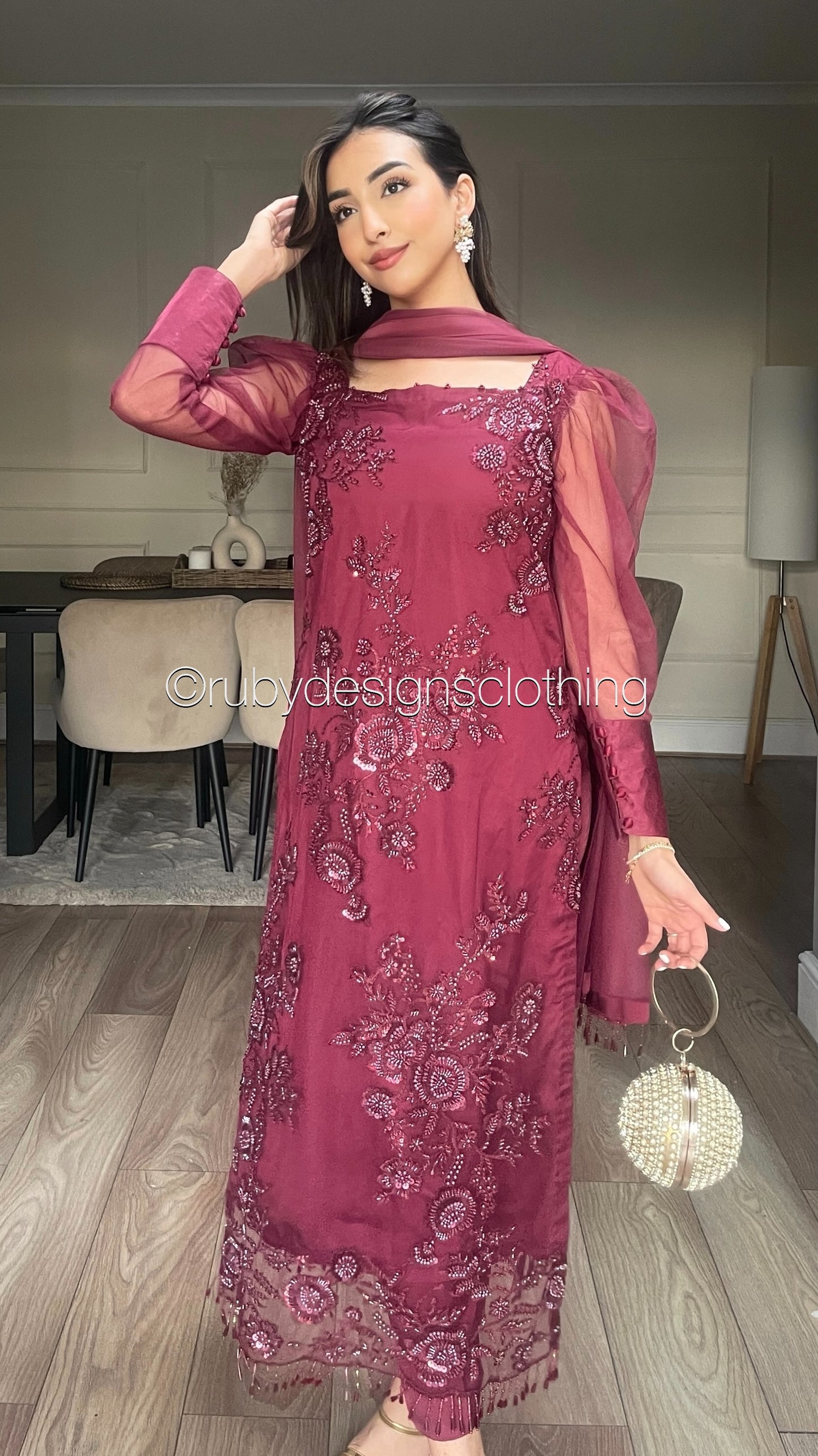 DINA - 3 Piece Deep Red Net Suit with Net Dupatta and Tassels