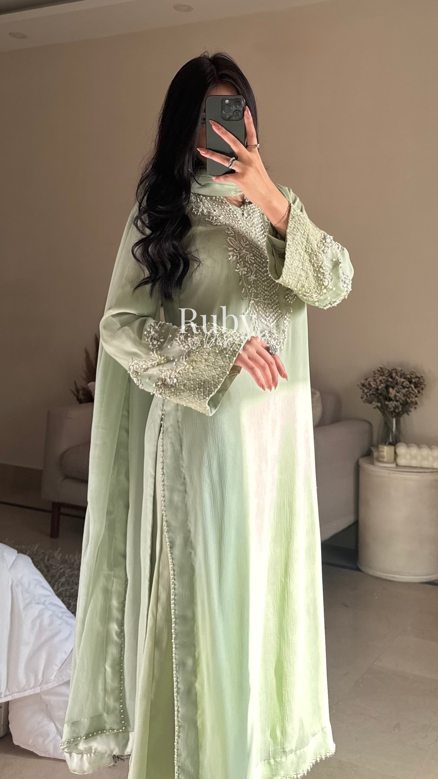 AREEN Mint - 3 Piece Chiffon Suit with Pearl and Stone Handwork