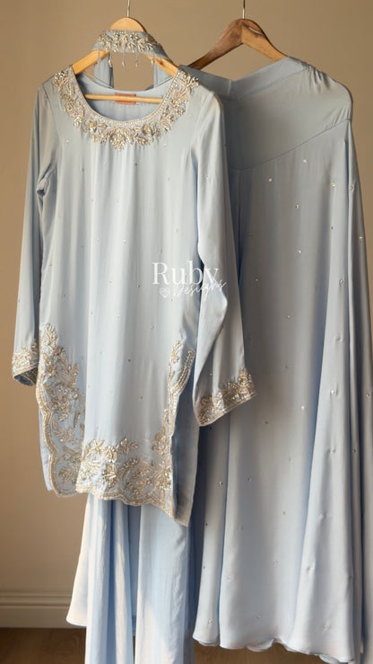 PARISA Sky - 4 Piece Silk Suit with Matching Potli Bag