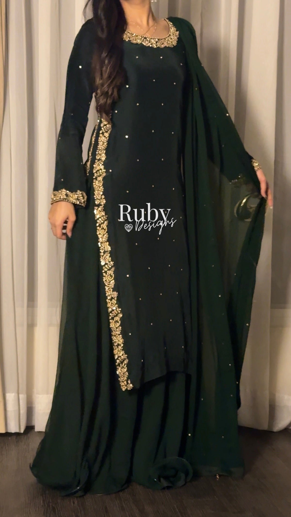 ZAINA Emerald - 3 Piece Silk Suit with Gold Handwork